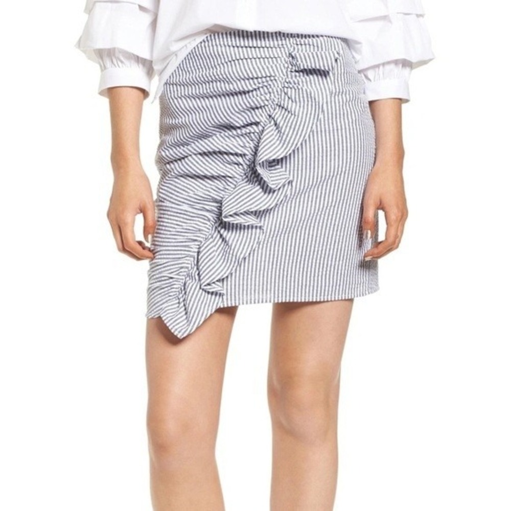 THE FIFTH LABEL‎ Striped Ruffle Skirt Blue White Seersucker Mini Size L